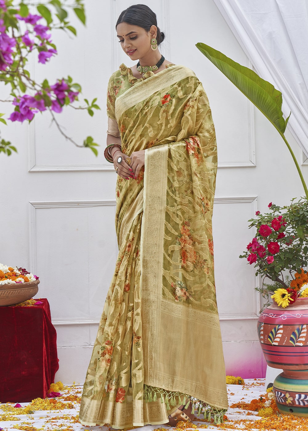 Buy MySilkLove Metallic Green Digital Printed Organza Silk Saree Online