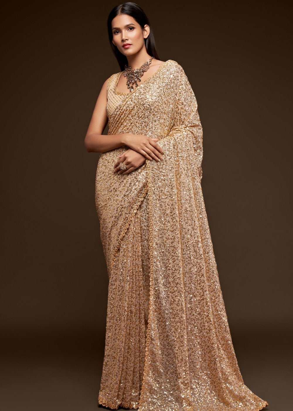 Buy MySilkLove Sandal Golden Georgette Partywear Saree Online