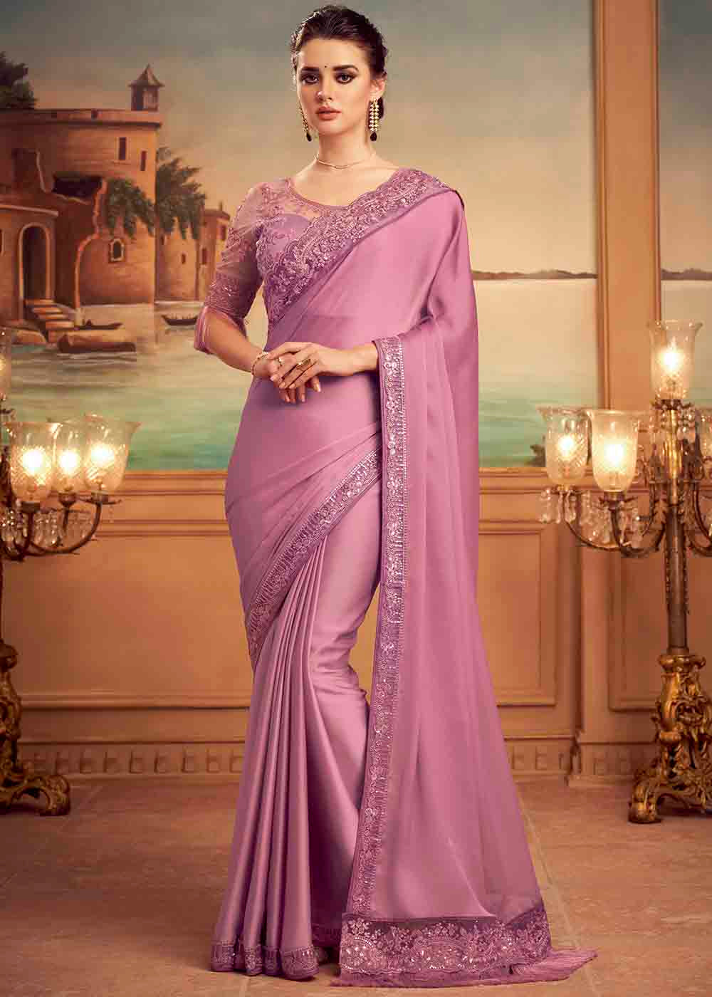 Buy MySilkLove Charm Pink Embroidered Satin Silk Designer Saree Online
