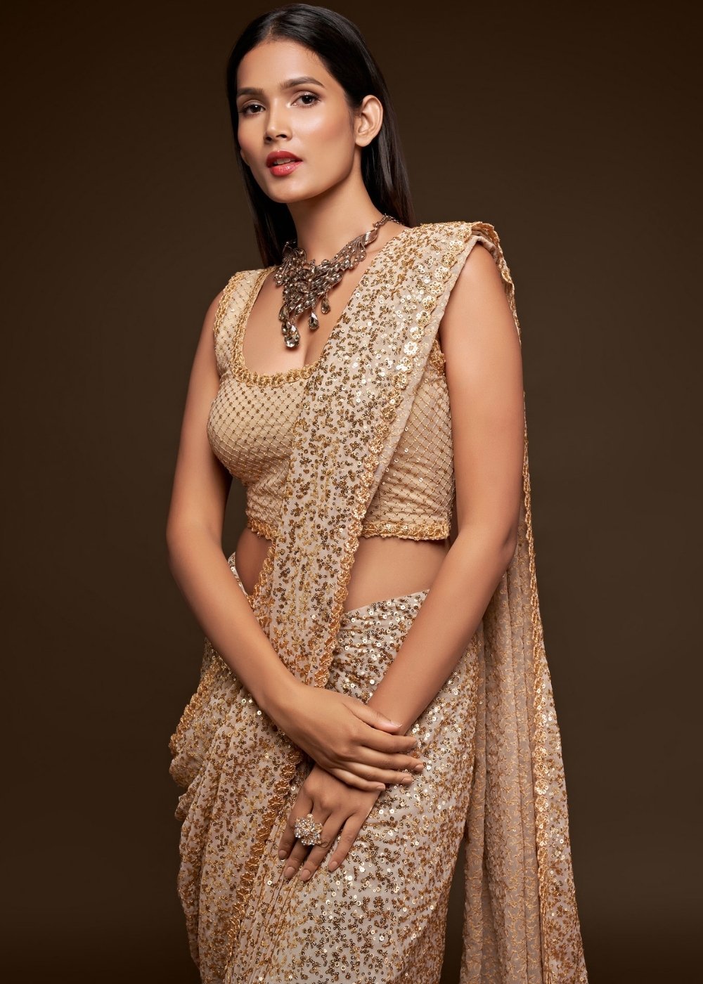 Buy MySilkLove Sandal Golden Georgette Partywear Saree Online