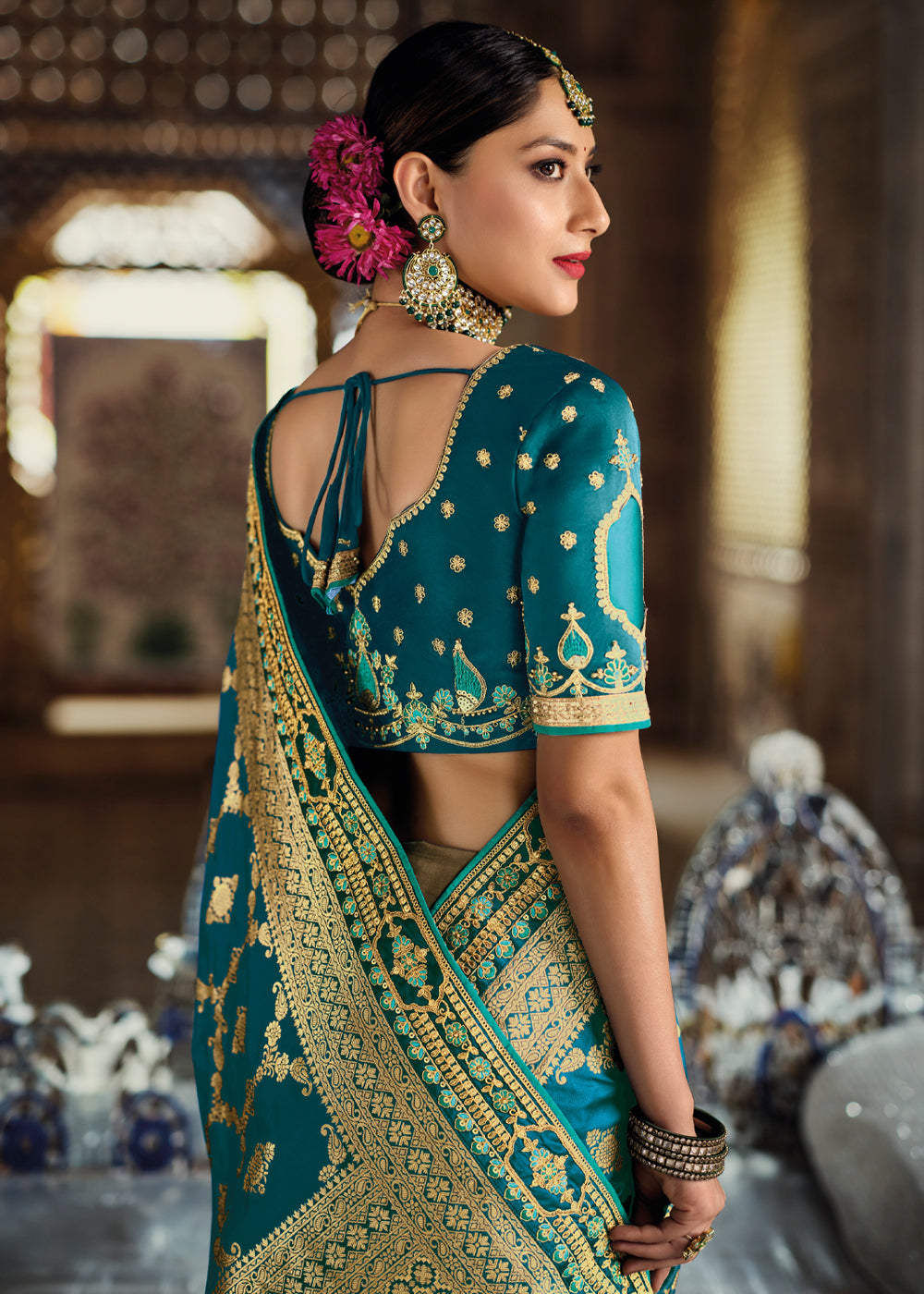 Buy MySilkLove Viridian Blue Zari Woven Designer Banarasi Saree Online