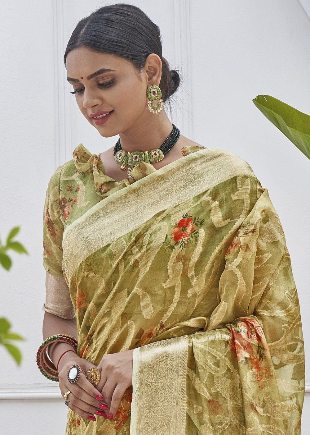 Buy MySilkLove Metallic Green Digital Printed Organza Silk Saree Online