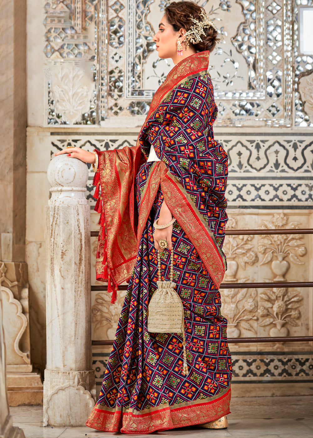 Buy MySilkLove Ship Blue and Red Zari Woven Patola Saree Online