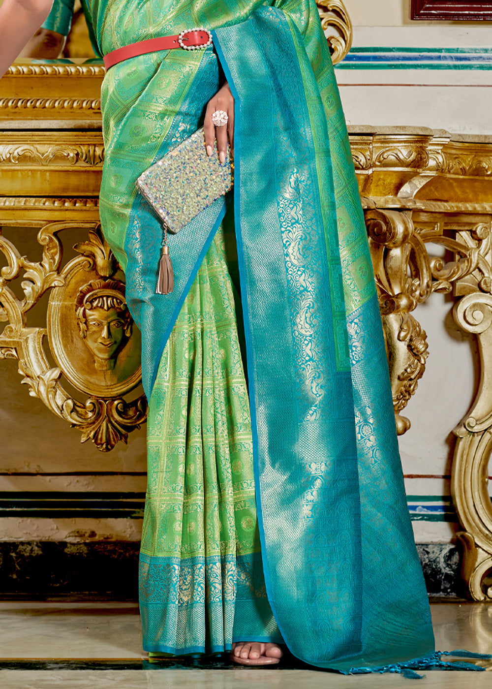 Buy MySilkLove Aqua Forest Green and Blue Woven Banarasi Silk Saree Online