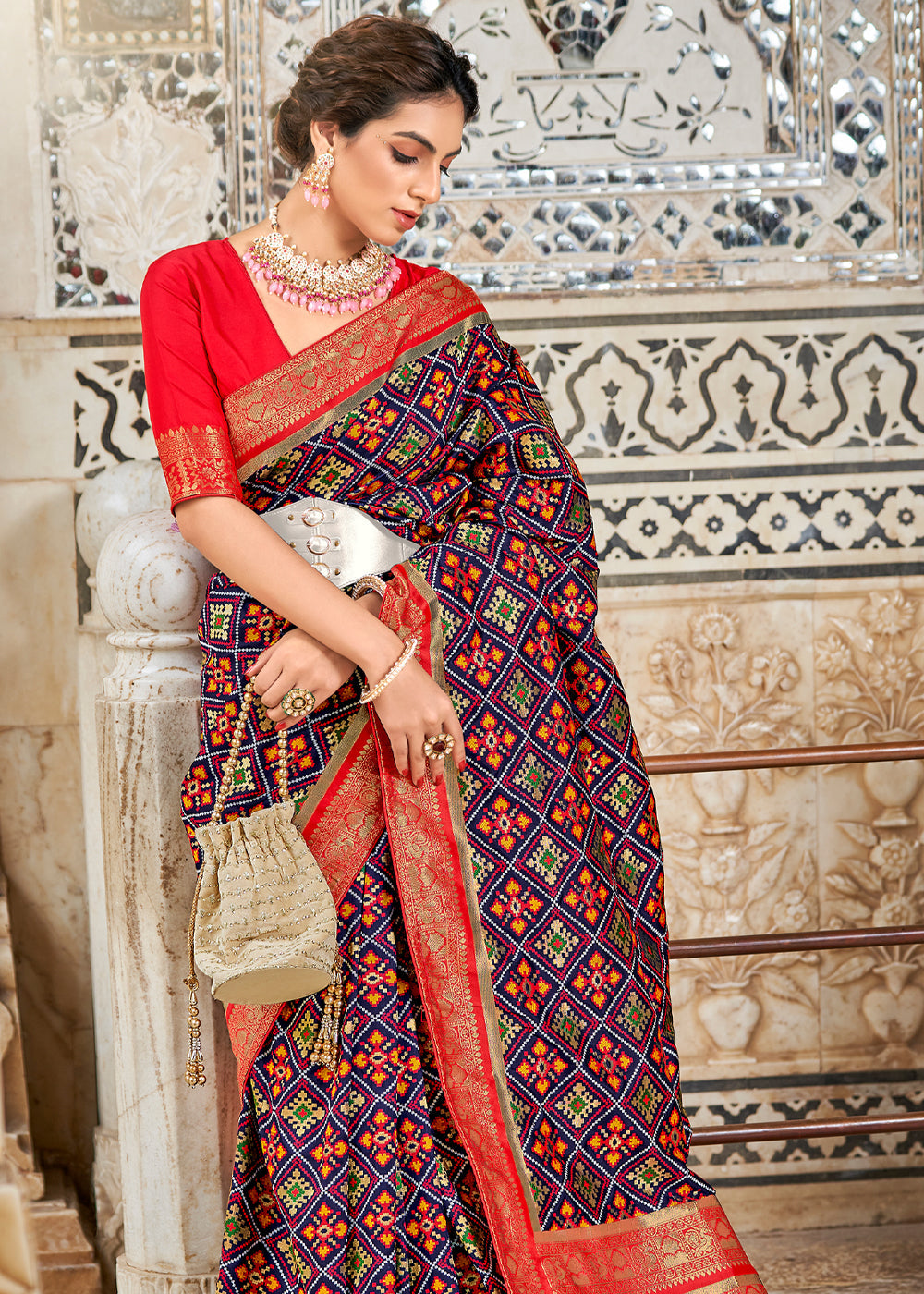 Buy MySilkLove Ship Blue and Red Zari Woven Patola Saree Online
