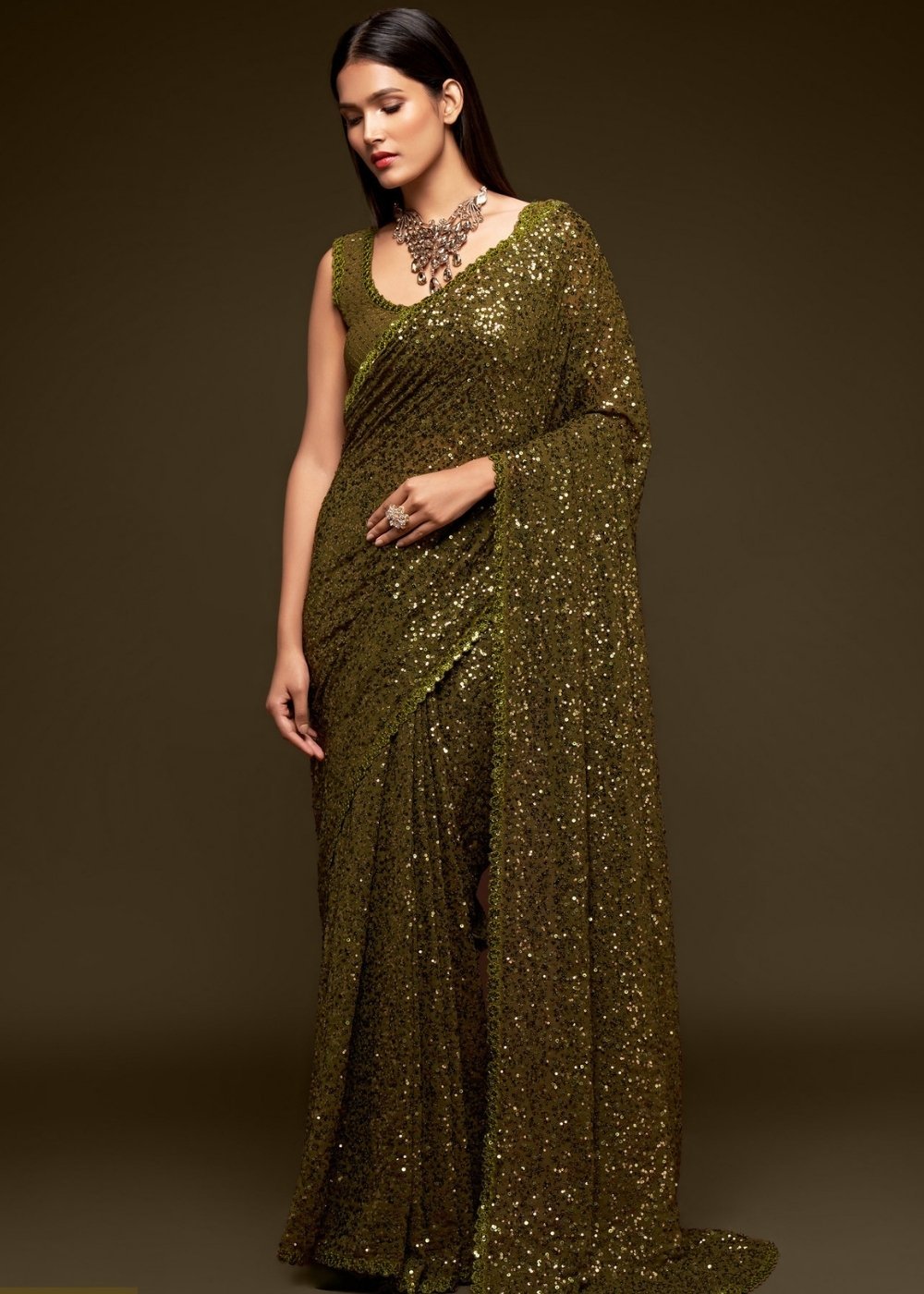 Buy MySilkLove Iroko Green Georgette Partywear Saree Online