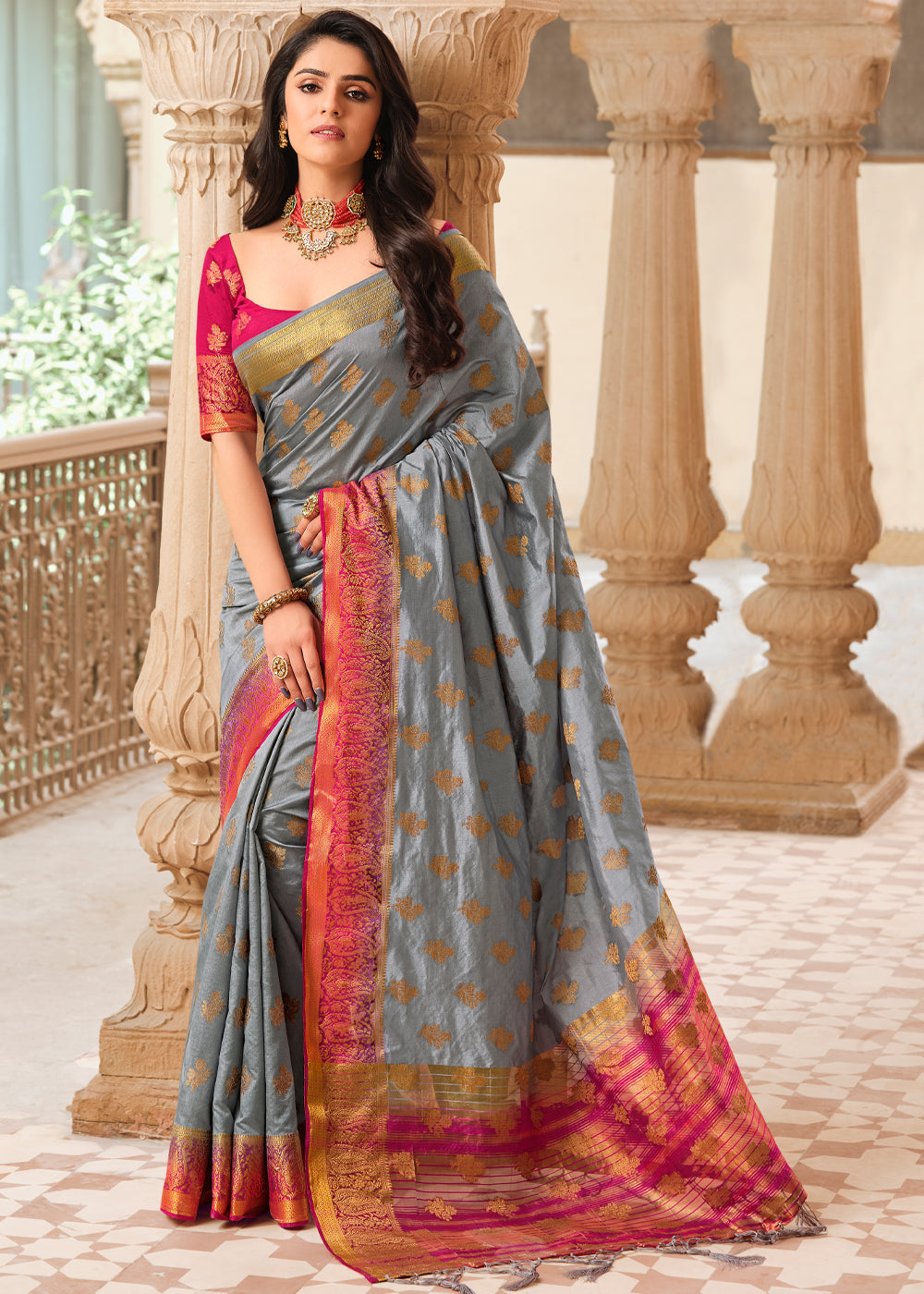 Buy MySilkLove Star Dust Grey Woven Banarasi Raw Silk Saree Online