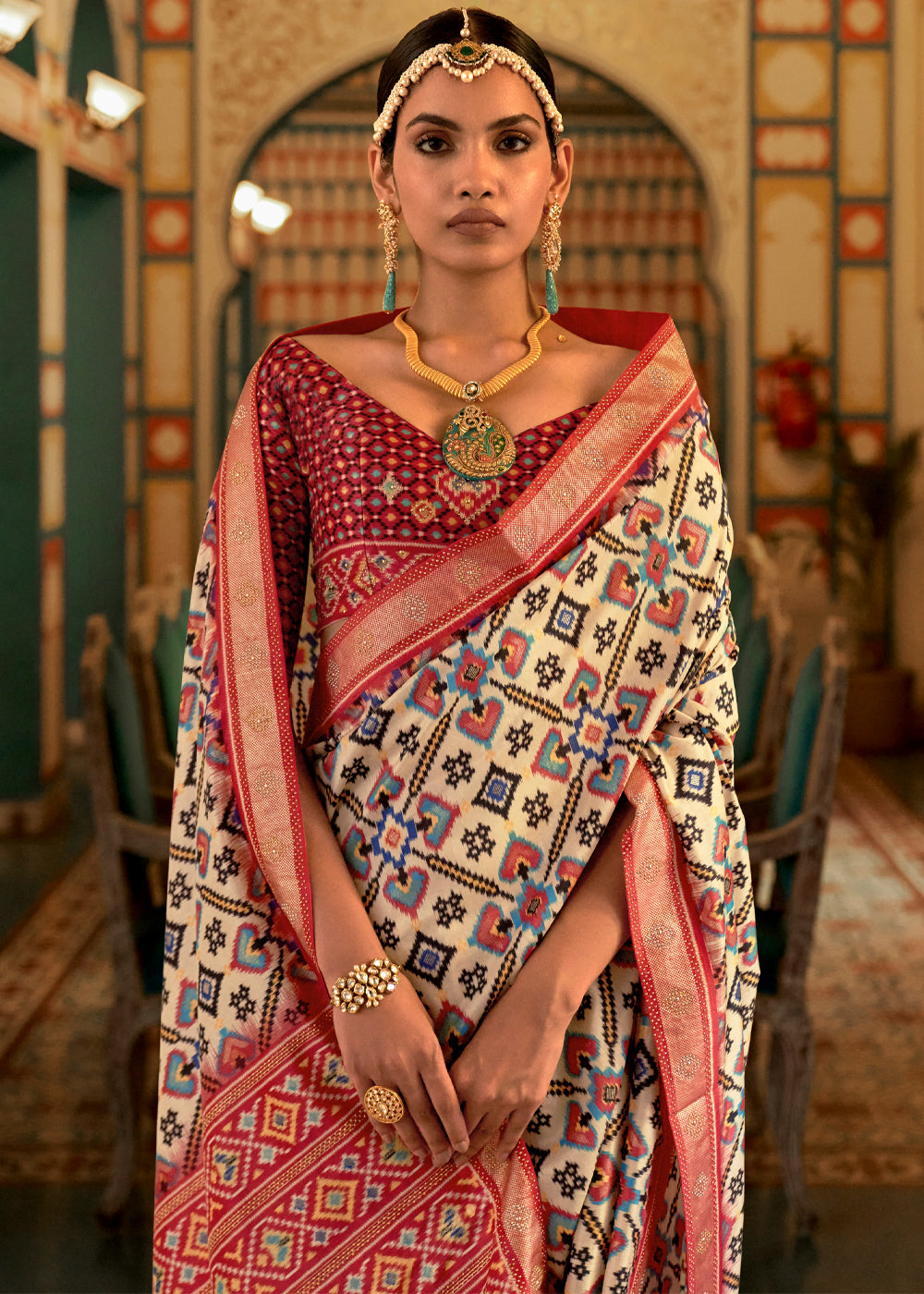 Buy MySilkLove Mojo Beige and Red Woven Patola Silk Saree Online