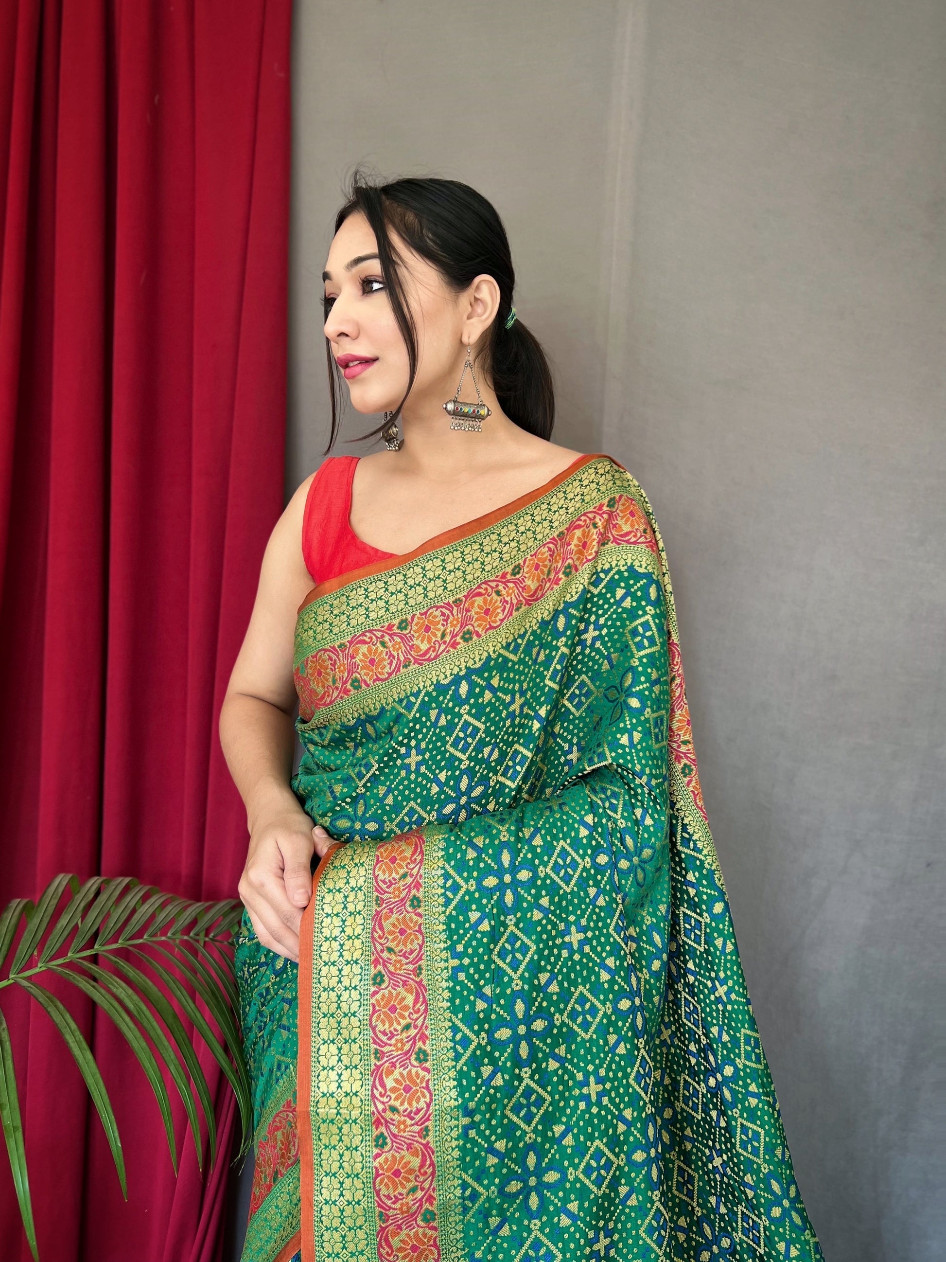 Buy MySilkLove Viridian Green Woven Bandhej Patola Silk Saree Online