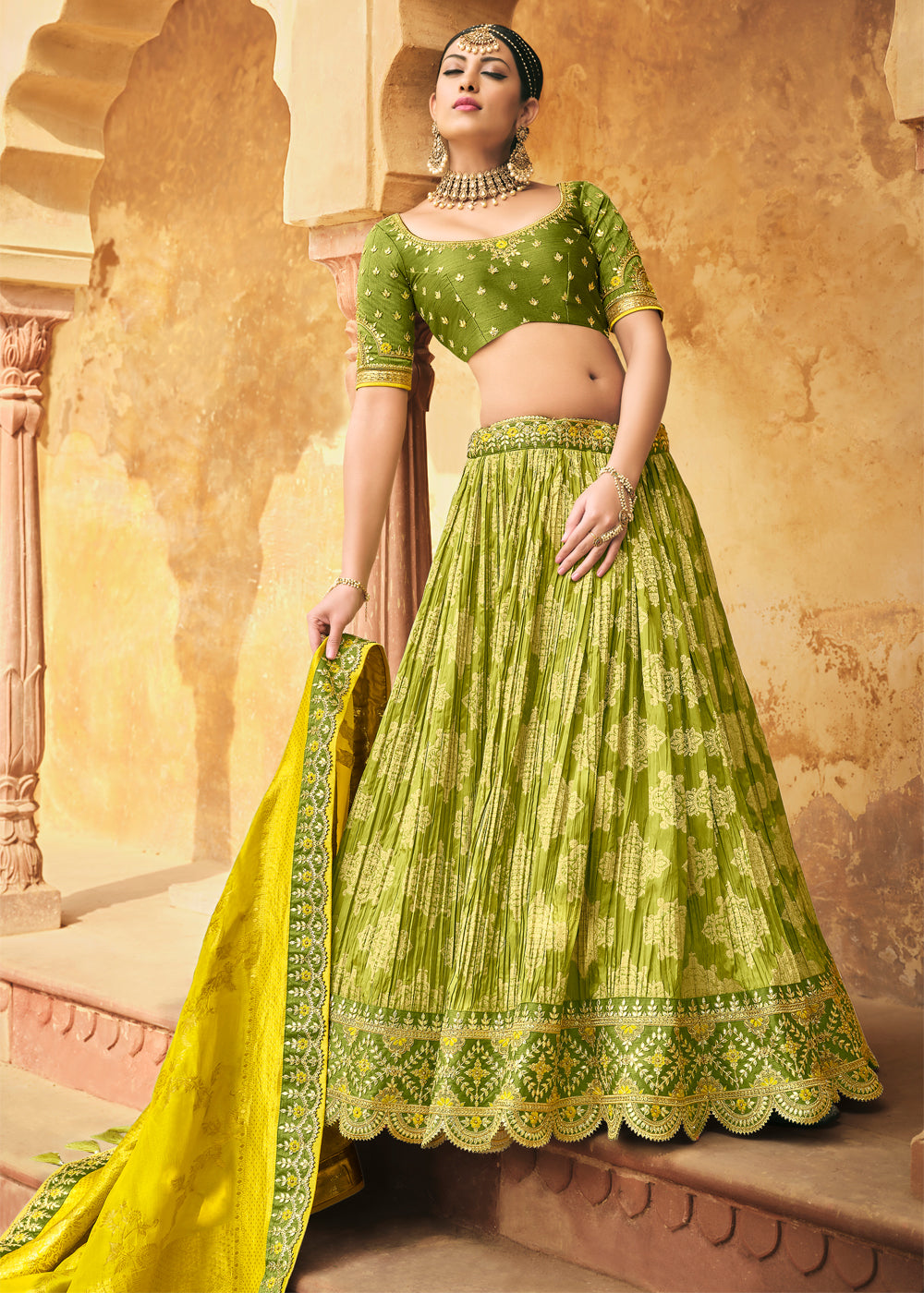 Buy MySilkLove Olivetone Green Heavy Embroidered Lehenga Online