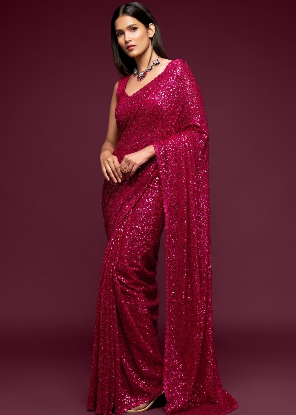 Buy MySilkLove Stiletto Pink Georgette Partywear Saree Online