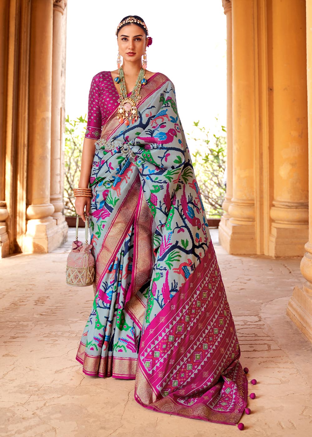 Buy MySilkLove Bombay Grey and Pink Printed Patola Saree Online