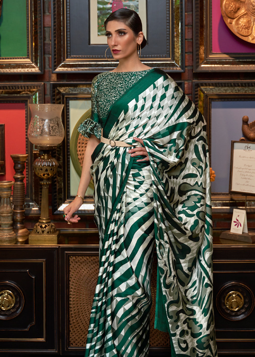 Buy MySilkLove Casal White and Green Printed Satin Silk Saree Online
