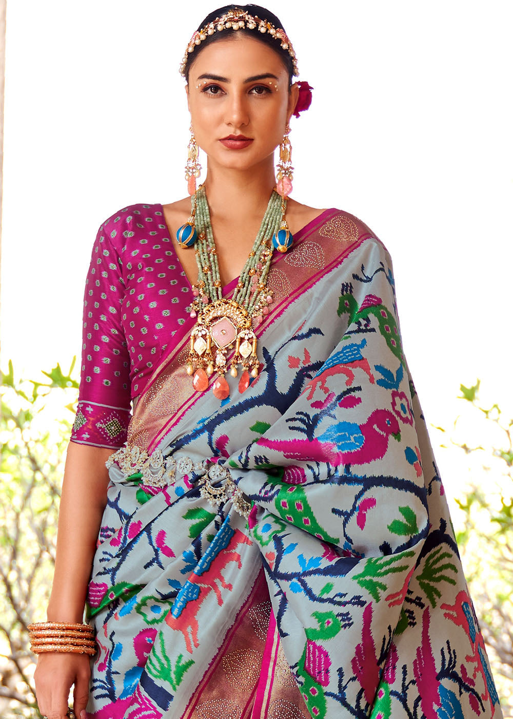 Buy MySilkLove Bombay Grey and Pink Printed Patola Saree Online