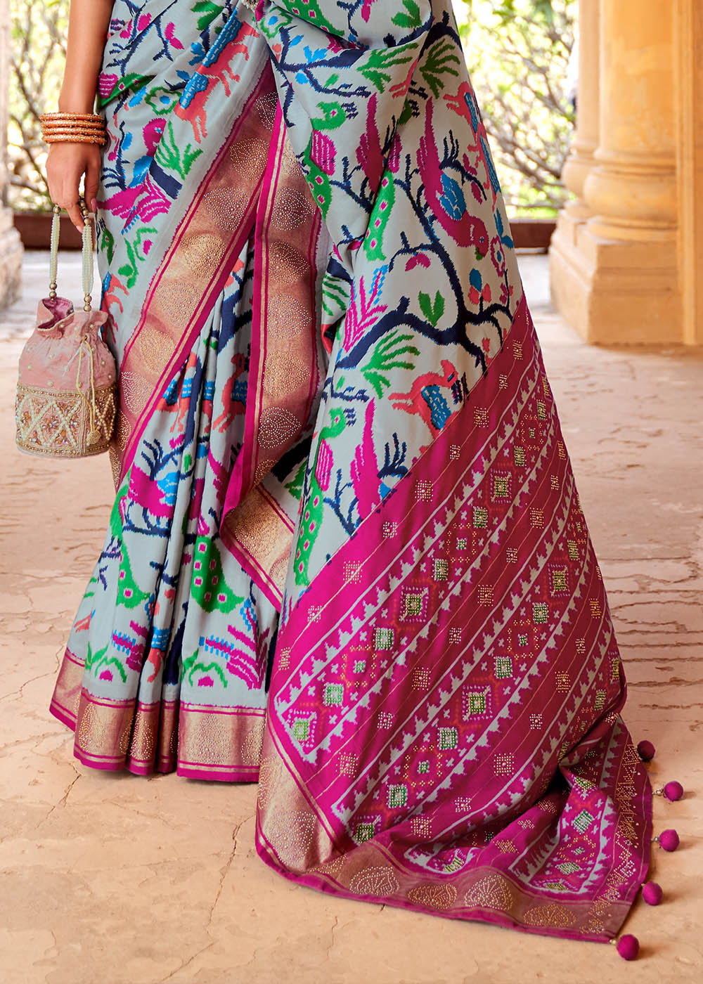 Buy MySilkLove Bombay Grey and Pink Printed Patola Saree Online
