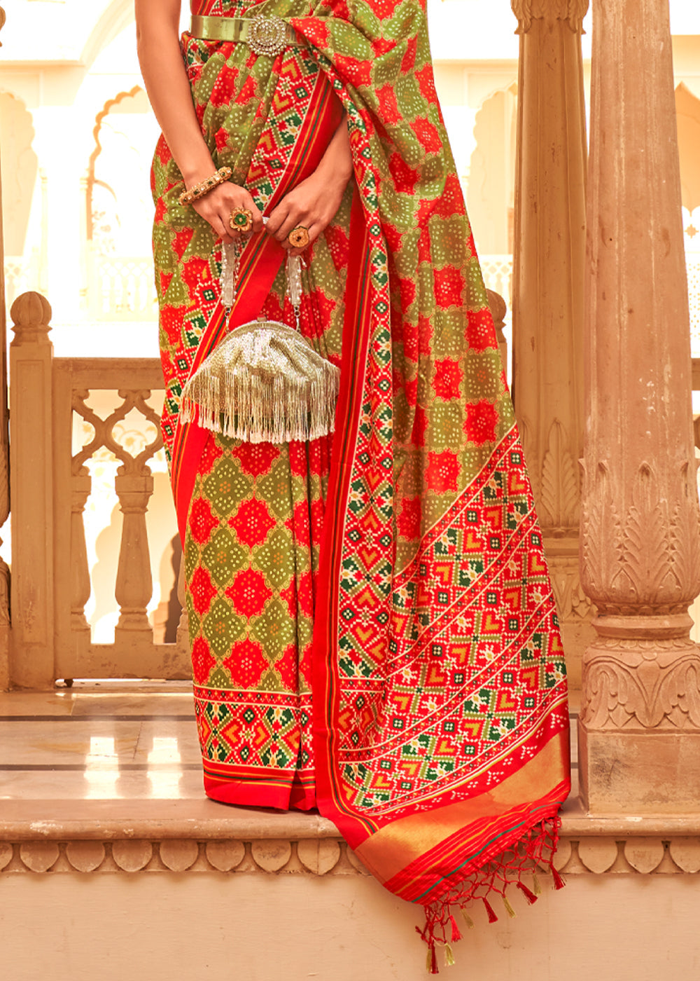 Buy MySilkLove Turmeric Green Printed Patola Tussar Saree Online