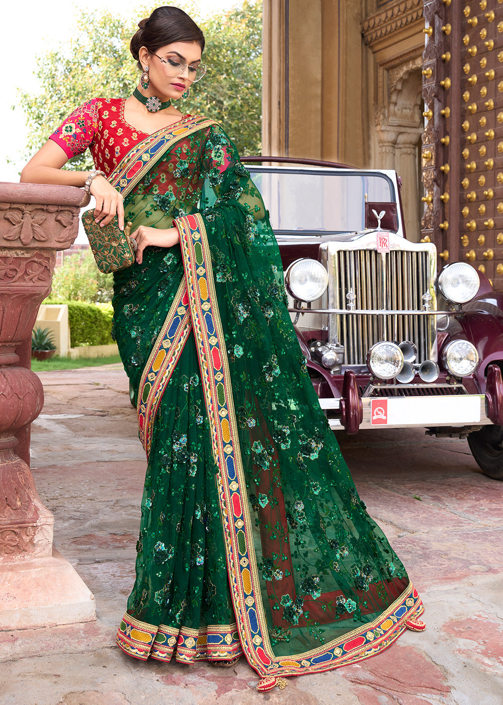 Buy MySilkLove Celtic Green and Red Designer Silk Saree Online