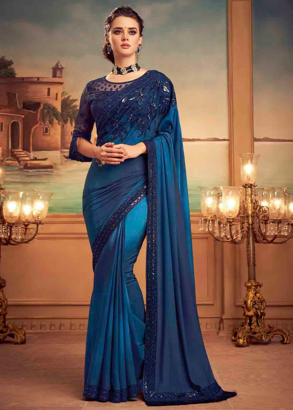 Buy MySilkLove Cello Blue Embroidered Satin Silk Designer Saree Online