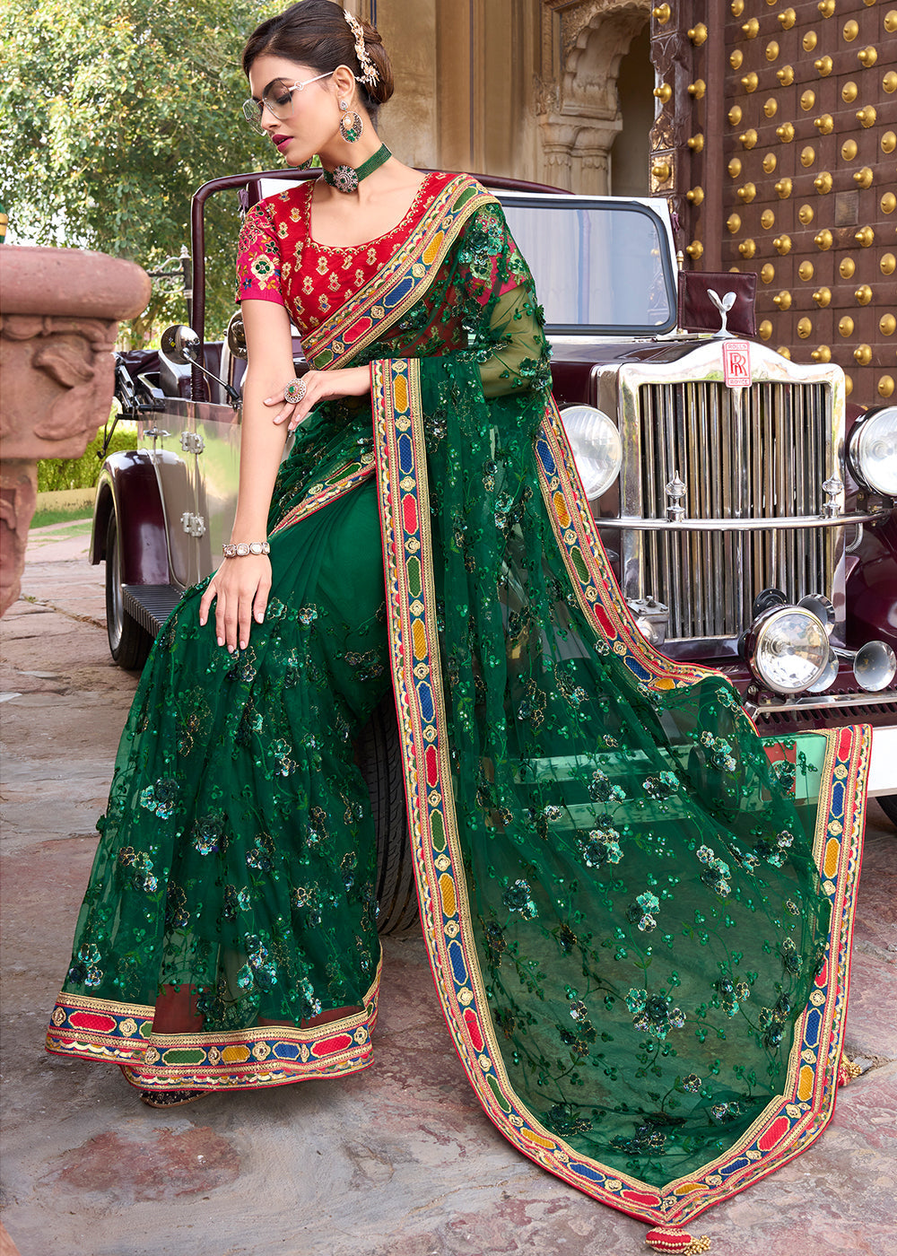 Buy MySilkLove Celtic Green and Red Designer Silk Saree Online