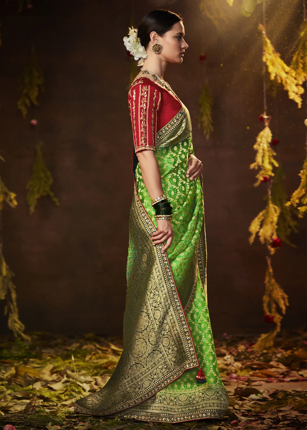 Buy MySilkLove Wild Willow Green Woven Georgette Designer Saree with Embroidered Blouse Online