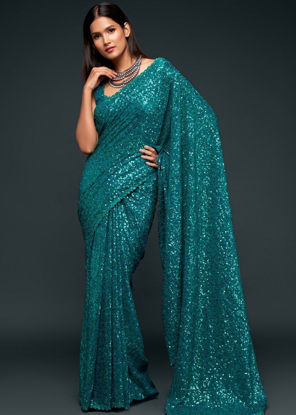 Buy MySilkLove Paradiso Blue Georgette Partywear Saree Online