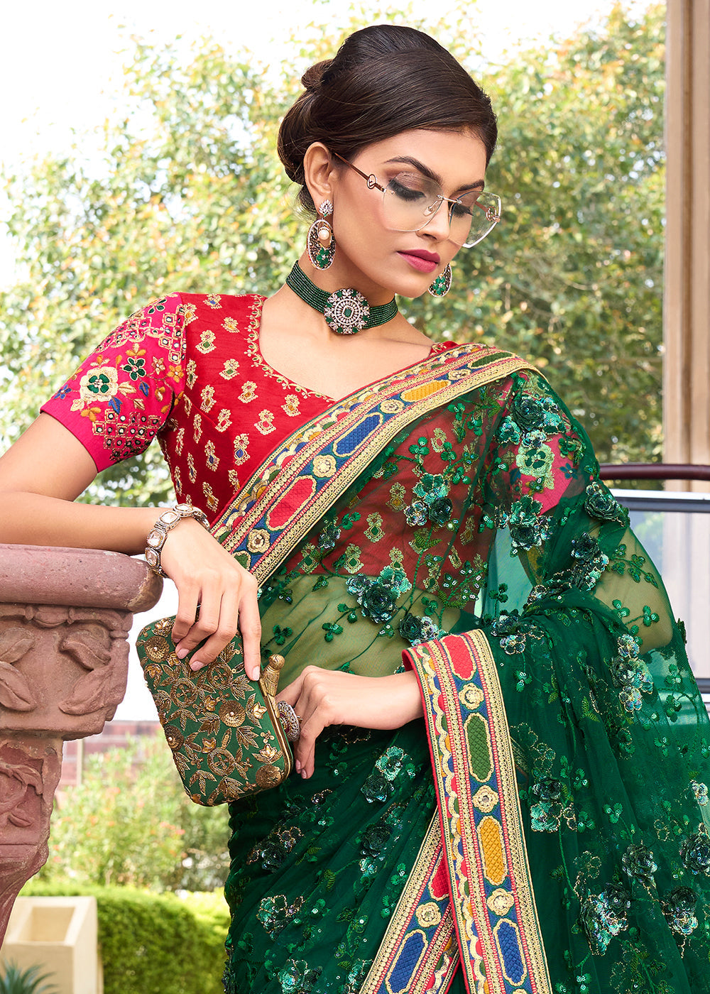 Buy MySilkLove Celtic Green and Red Designer Silk Saree Online