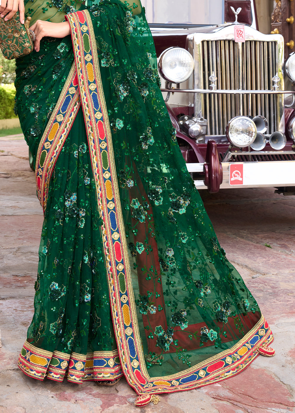 Buy MySilkLove Celtic Green and Red Designer Silk Saree Online