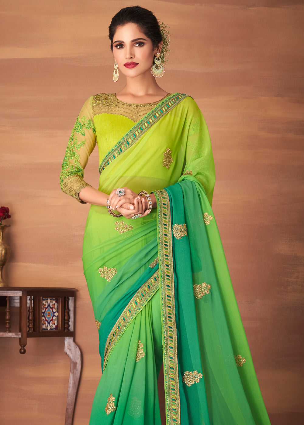 Buy MySilkLove Fern Green and Yellow Designer Saree with Embroidered Blouse Online