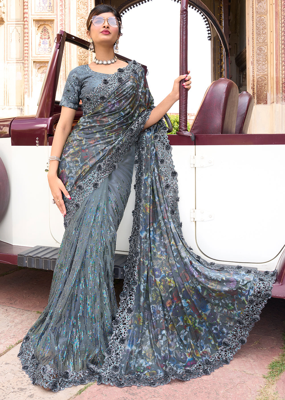 Buy MySilkLove Slate Grey Designer Silk Saree Online