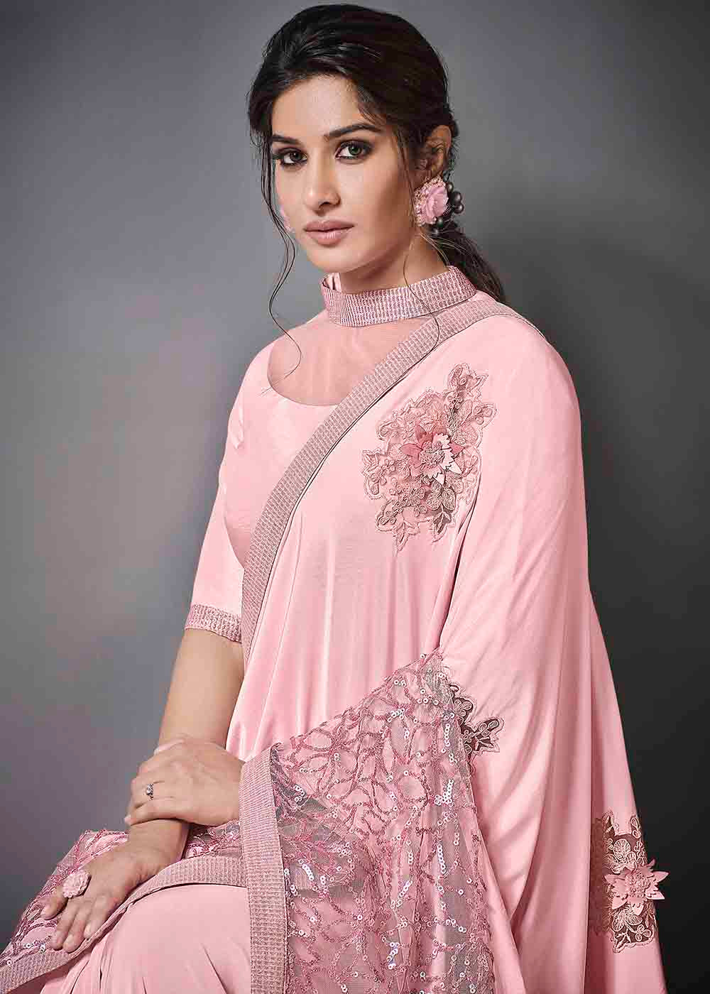 Buy MySilkLove Azalea Pink Designer Lycra Saree with Embroidery Work Online