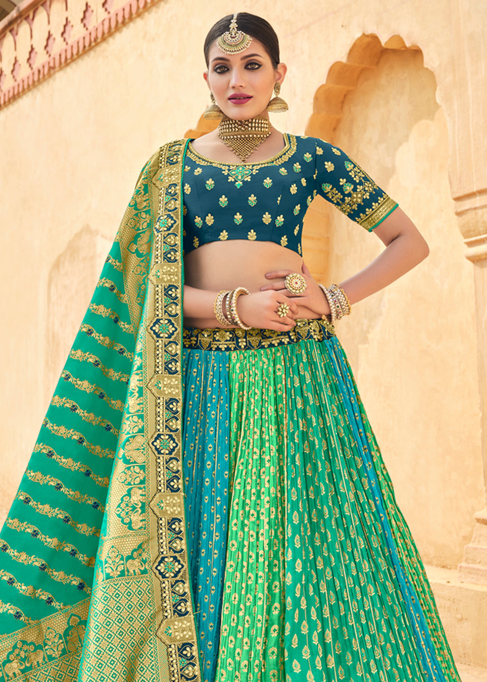 Buy MySilkLove Jade Blue and Green Heavy Embroidered Lehenga Online