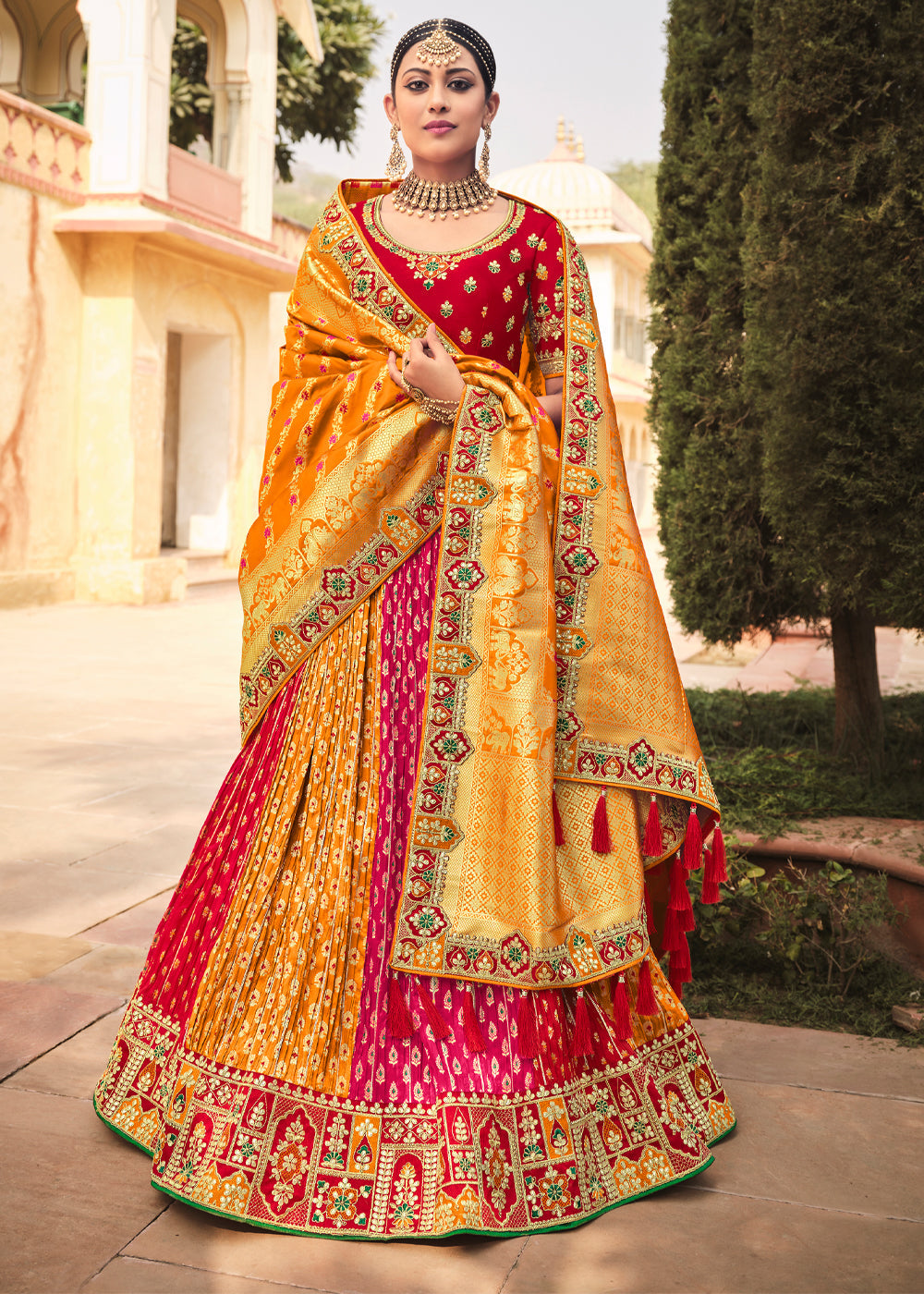 Buy MySilkLove Ochre Orange and Heavy Embroidered Lehenga Online