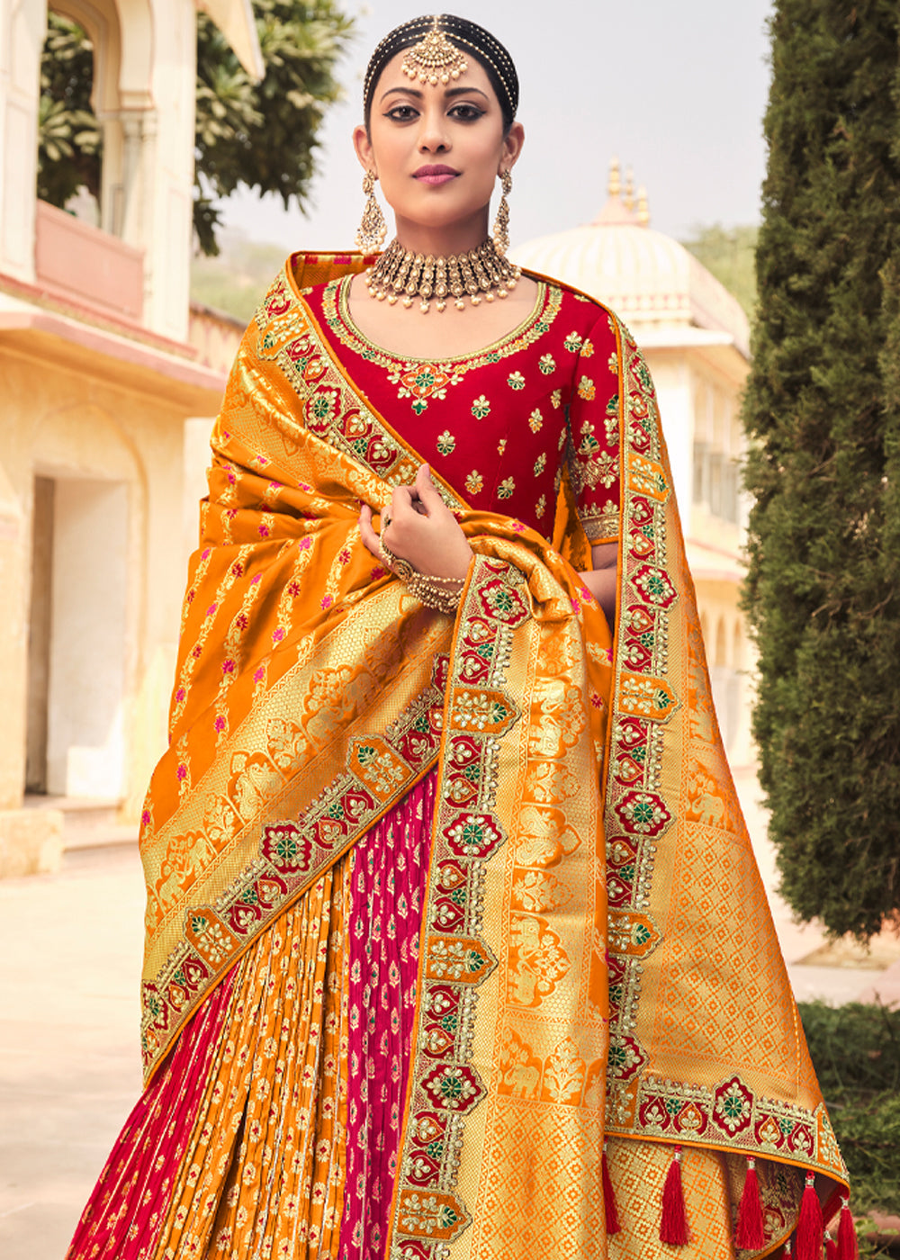 Buy MySilkLove Ochre Orange and Heavy Embroidered Lehenga Online