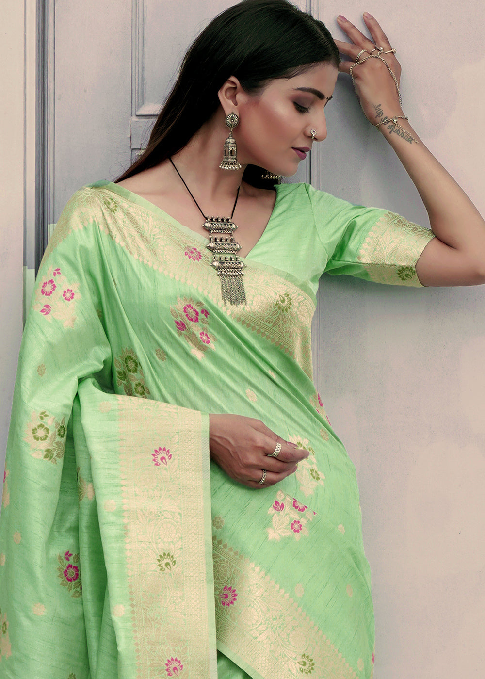 Buy MySilkLove Moss Green Banarasi Saree Online