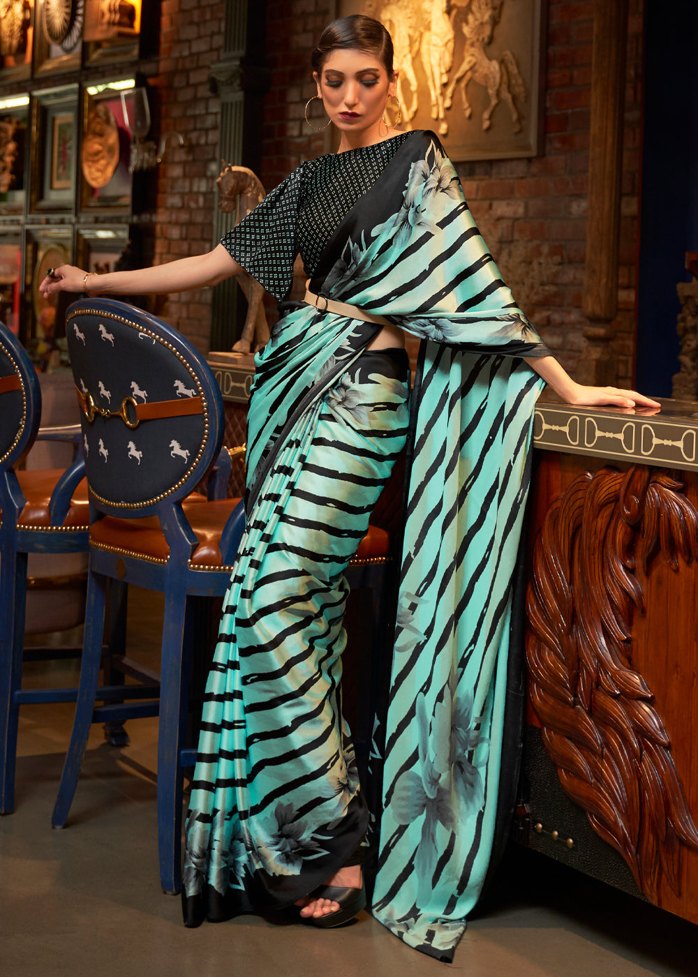 Buy MySilkLove Tradewind Green and Black Stripes Printed Satin Silk Saree Online