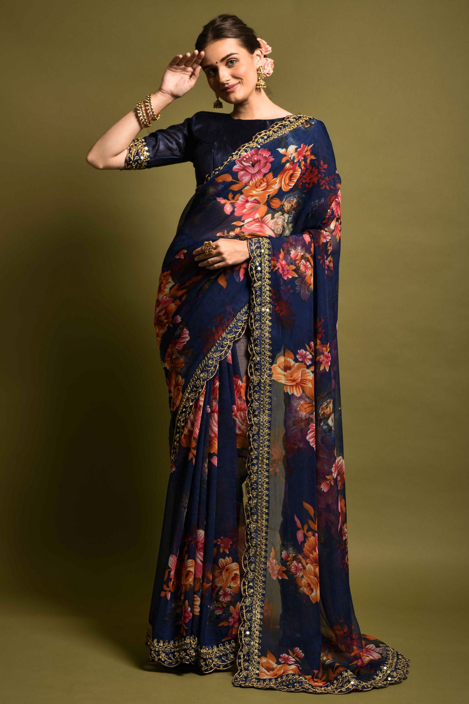 Buy MySilkLove Thunder Blue Georgette Printed Silk Saree Online