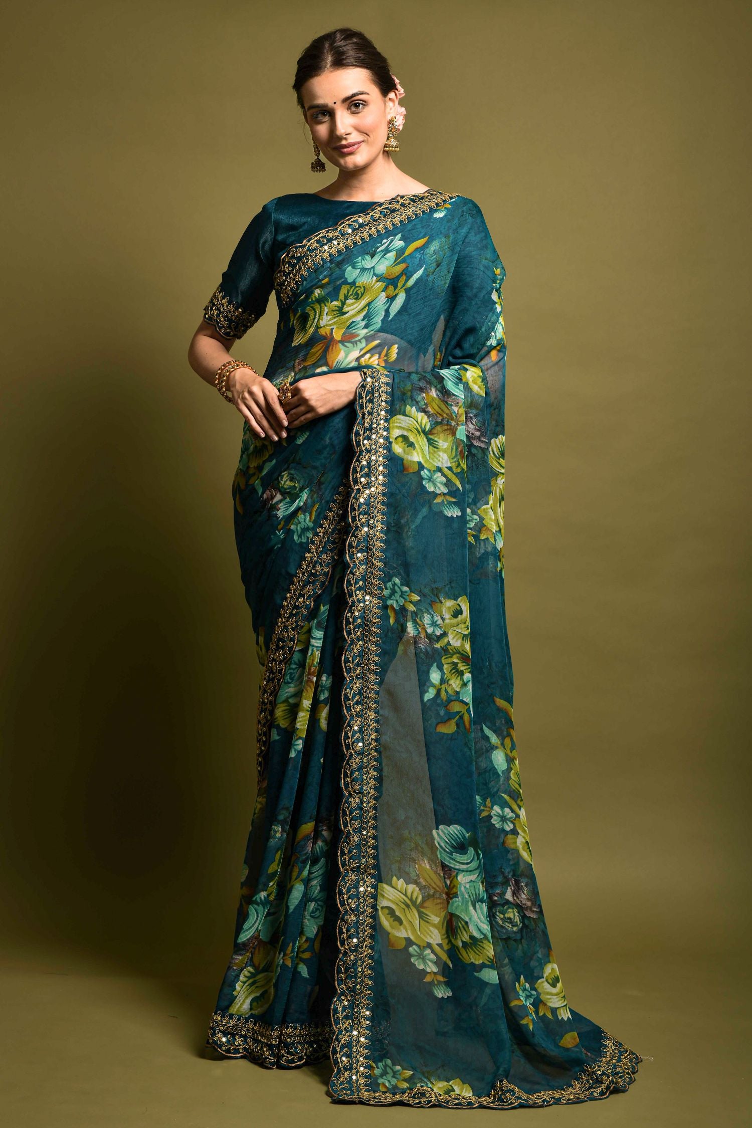 Buy MySilkLove Blue Sparkle Georgette Printed Silk Saree Online