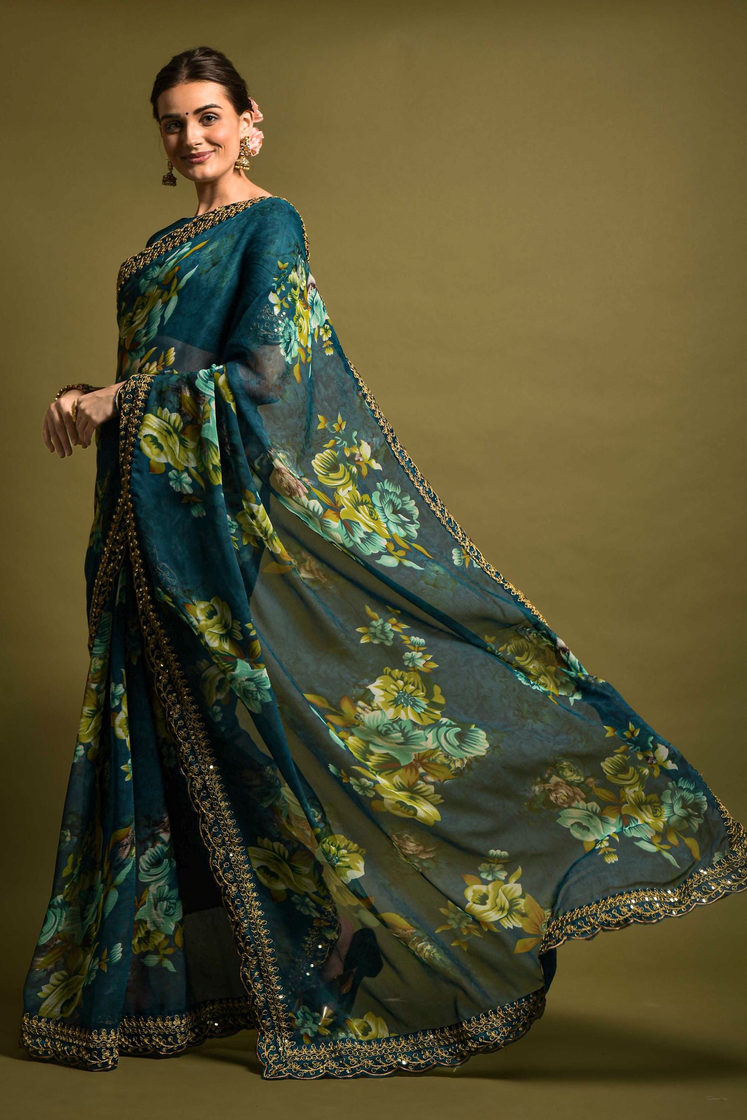 Buy MySilkLove Blue Sparkle Georgette Printed Silk Saree Online