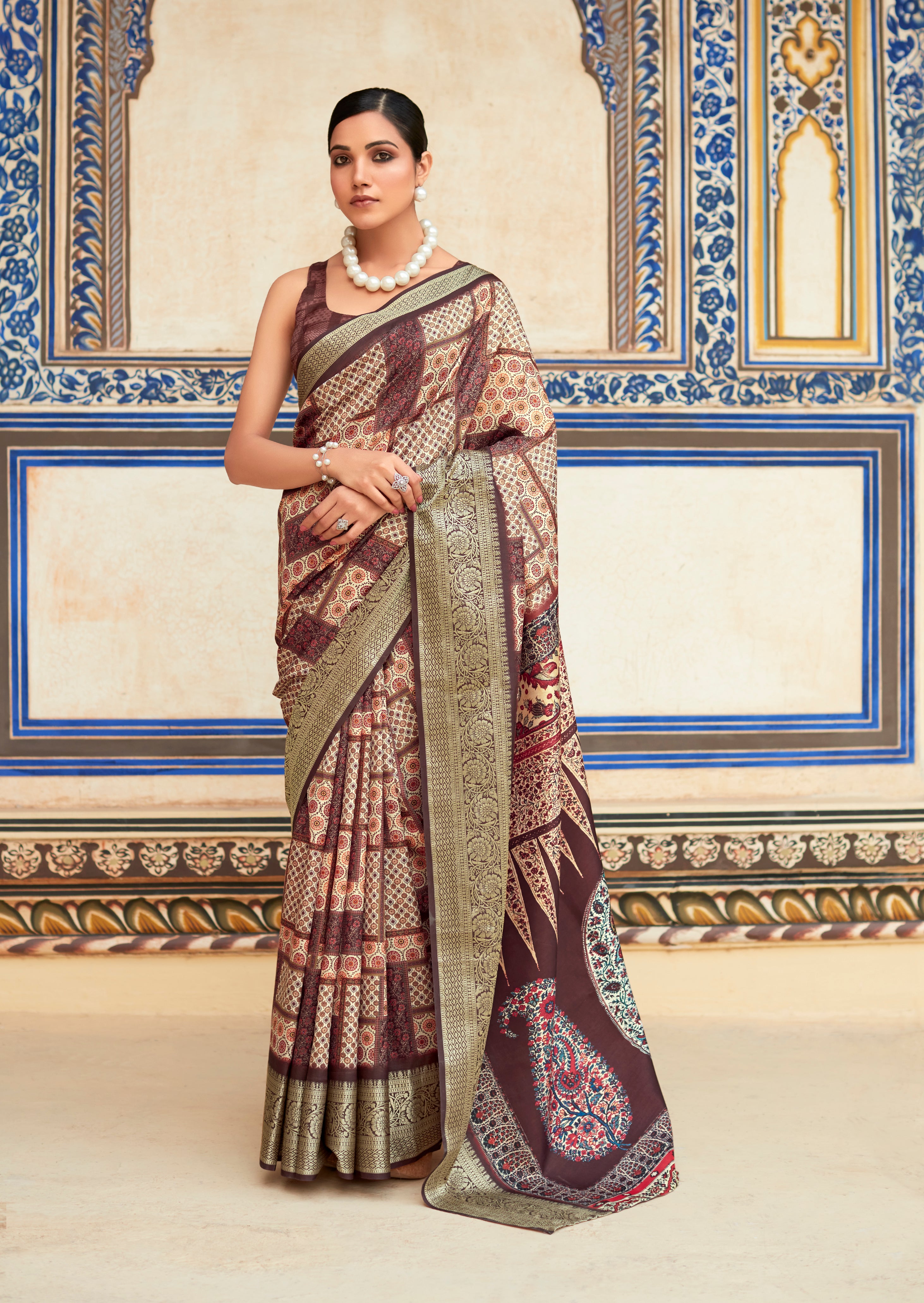 Buy MySilkLove Syrup Brown Banarasi Printed Silk Saree Online