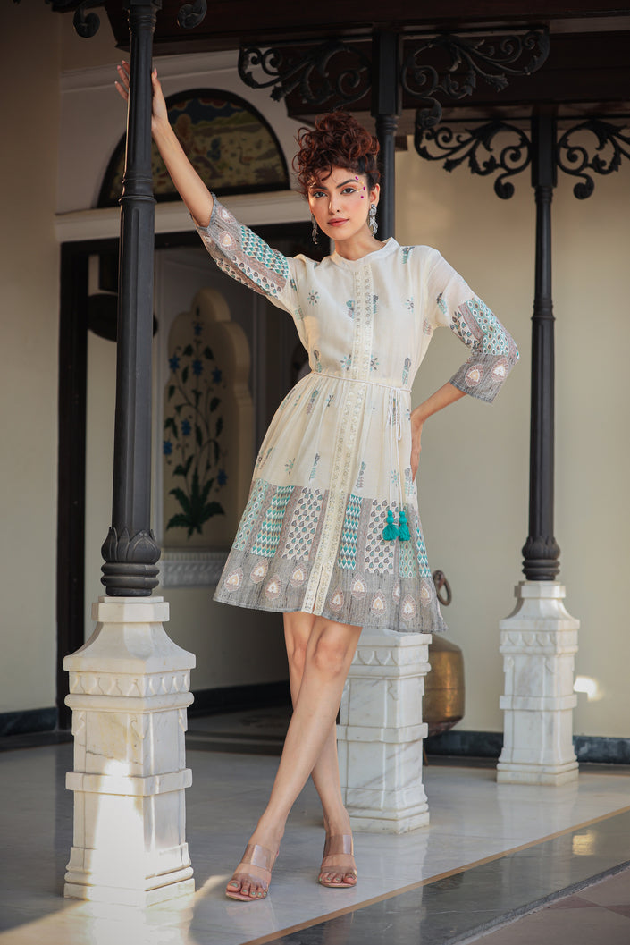 Buy MySilkLove White And Green Thread Embroidery Dress Online