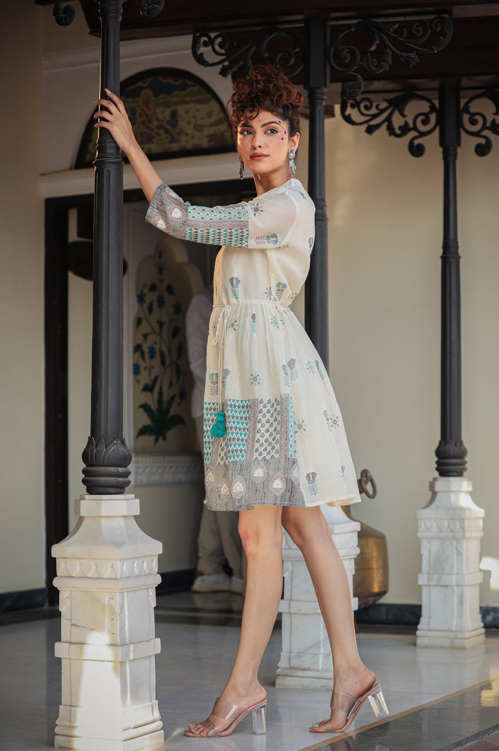 Buy MySilkLove White And Green Thread Embroidery Dress Online