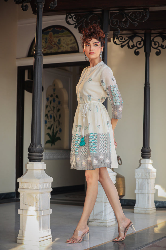 Buy MySilkLove White And Green Thread Embroidery Dress Online