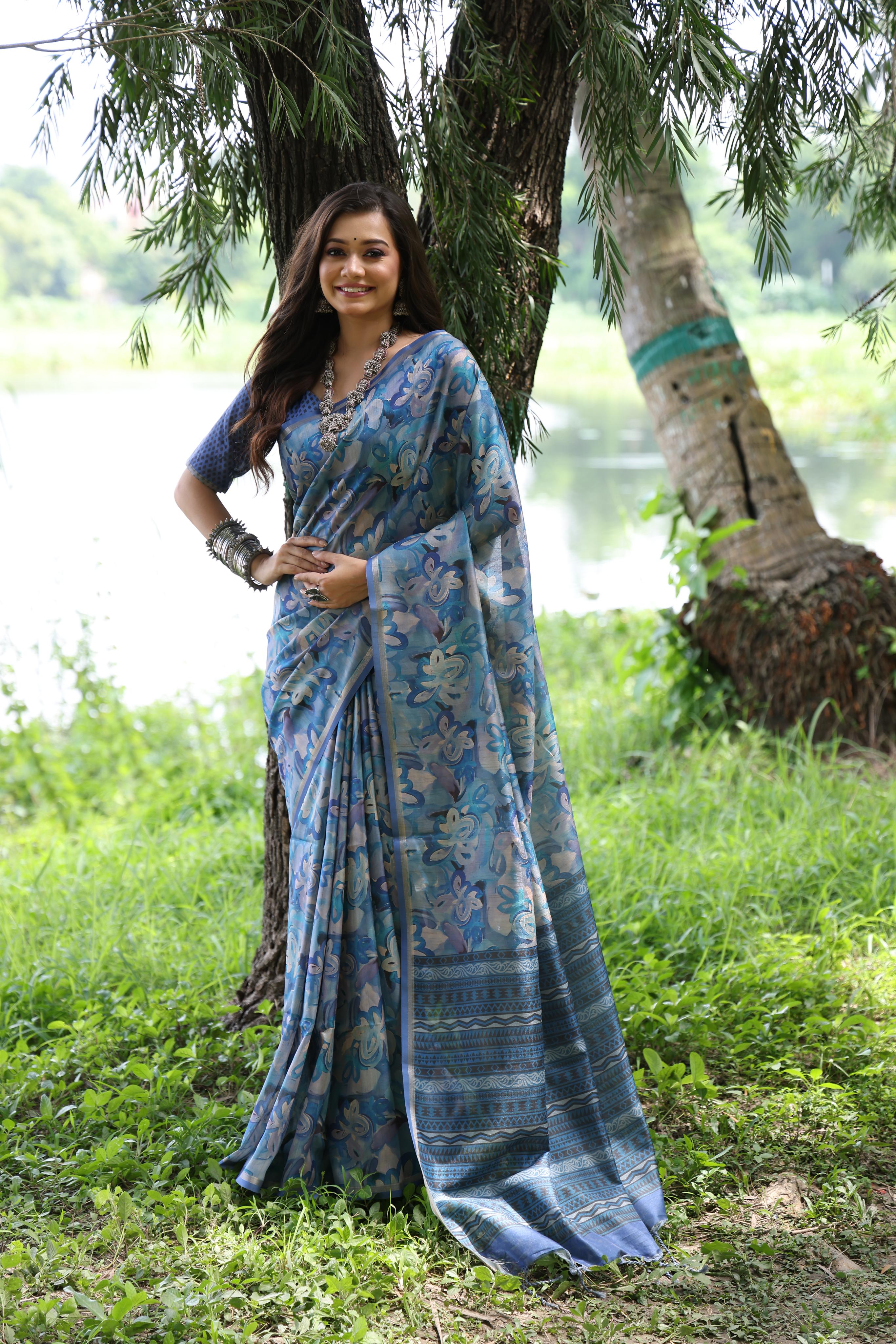 Buy MySilkLove Jet Stream Blue Tussar Silk Saree Online