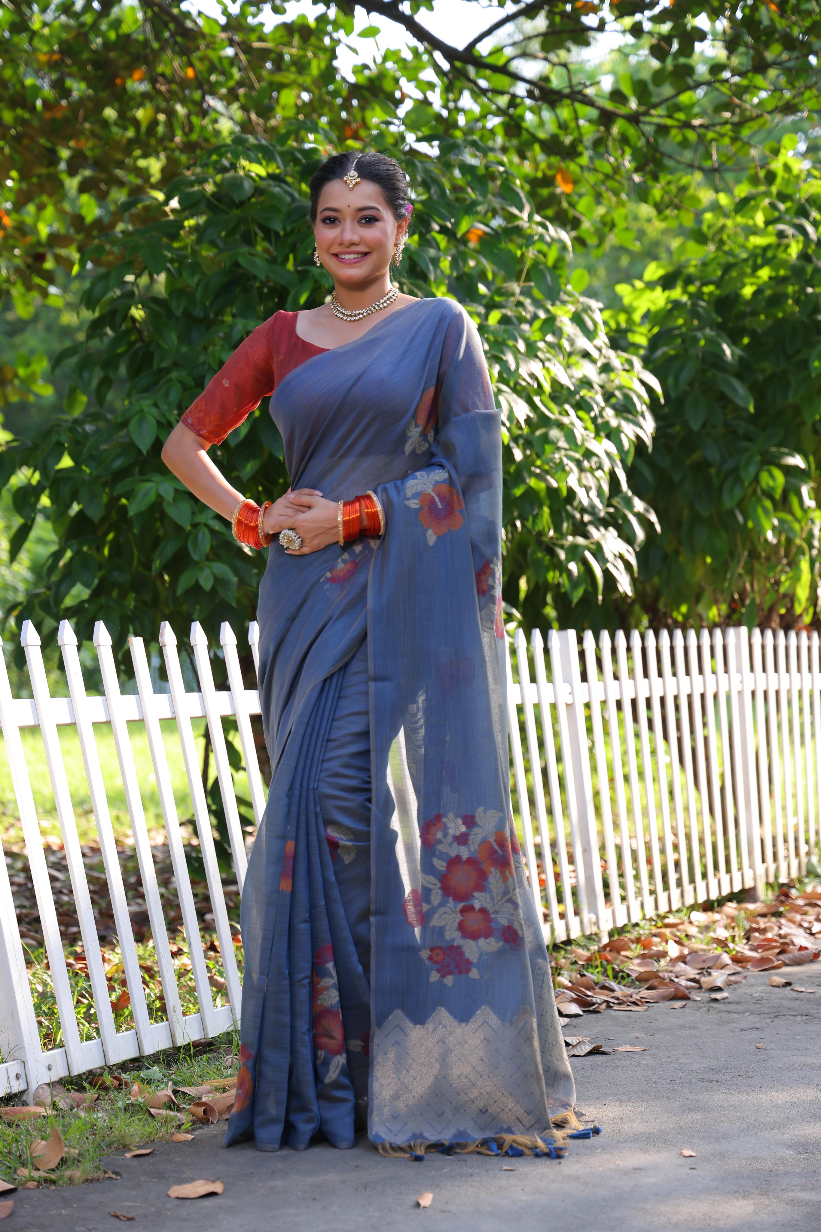 Buy MySilkLove Zing Blue Woven Muga Cotton Saree Online
