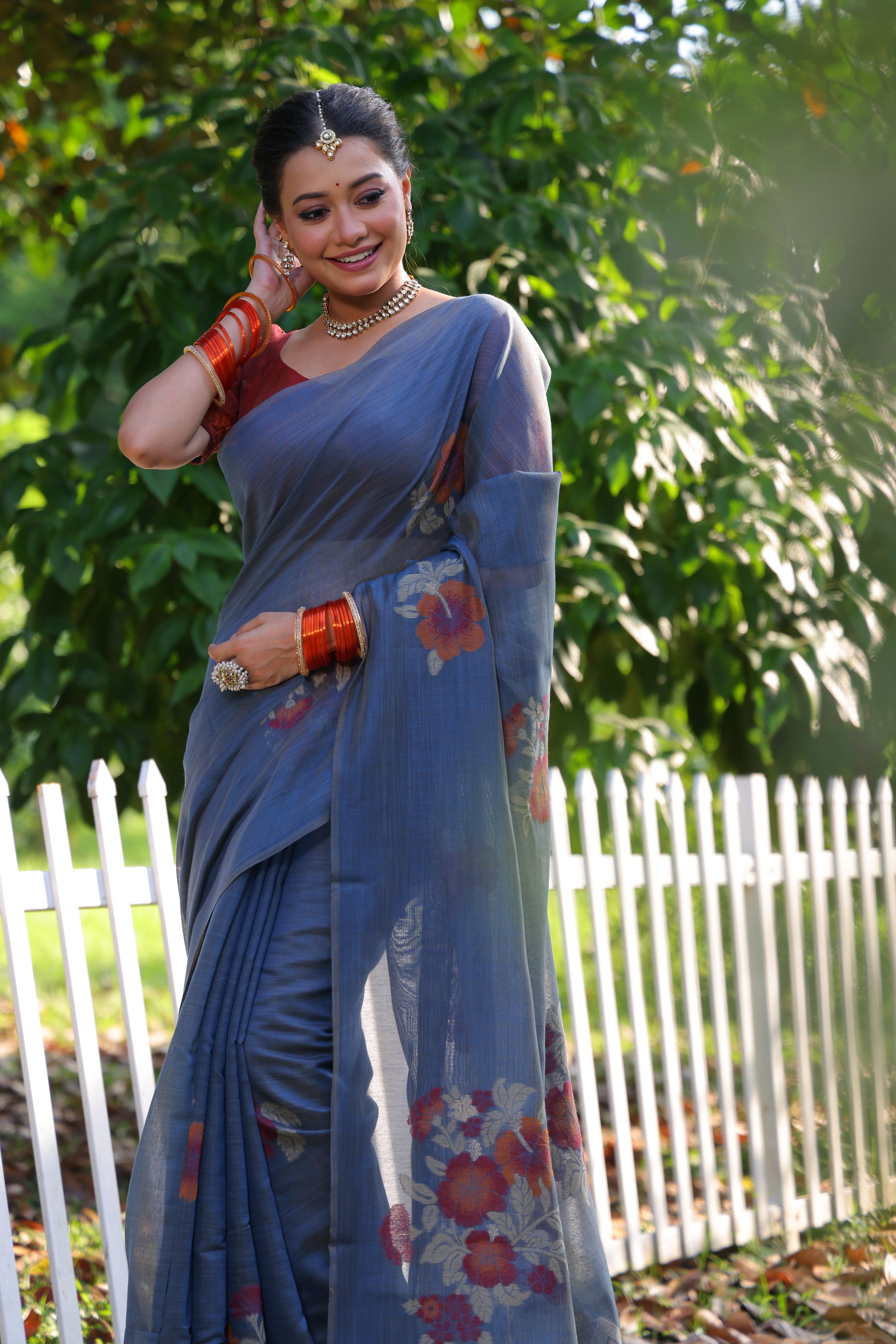 Buy MySilkLove Zing Blue Woven Muga Cotton Saree Online