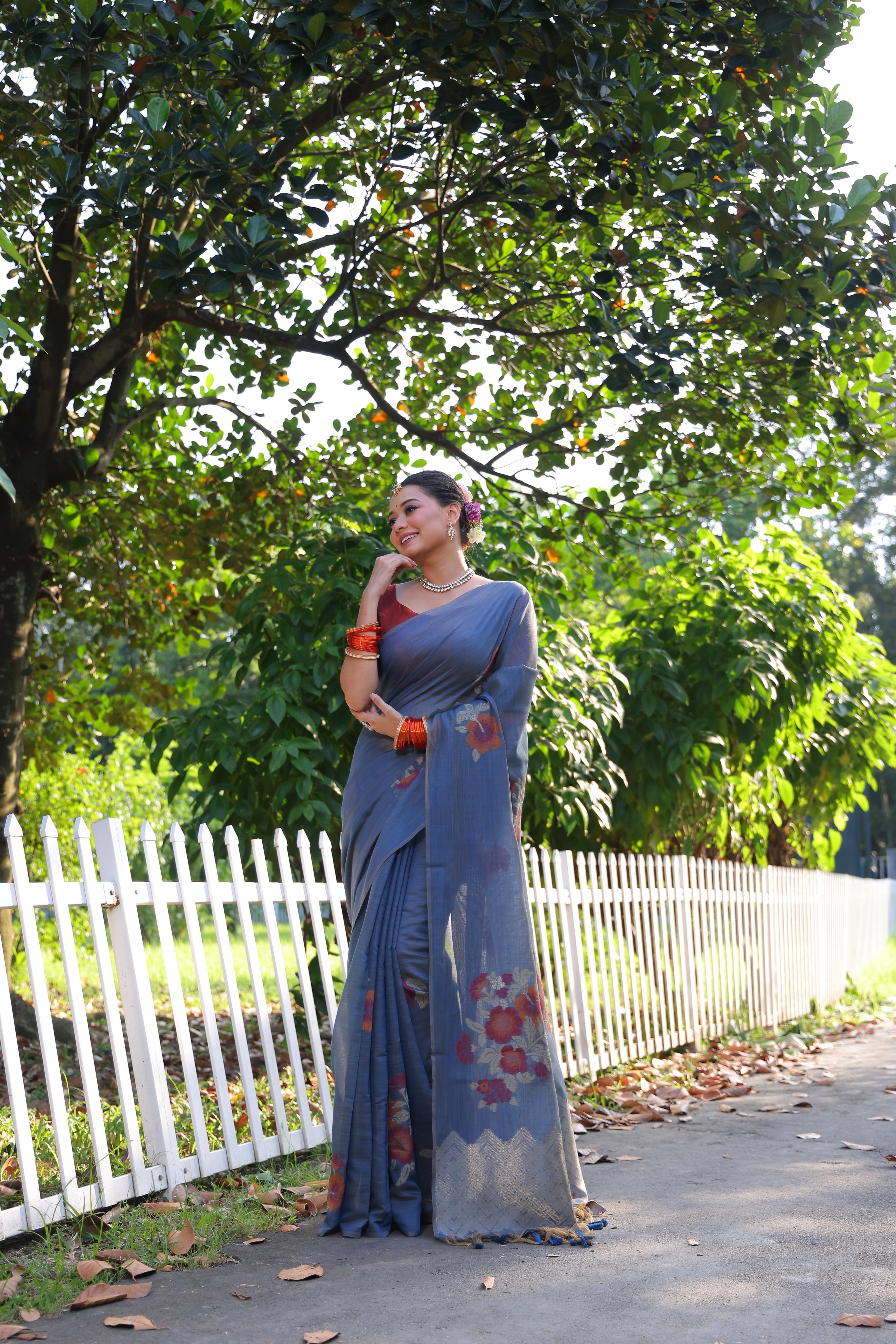 Buy MySilkLove Zing Blue Woven Muga Cotton Saree Online