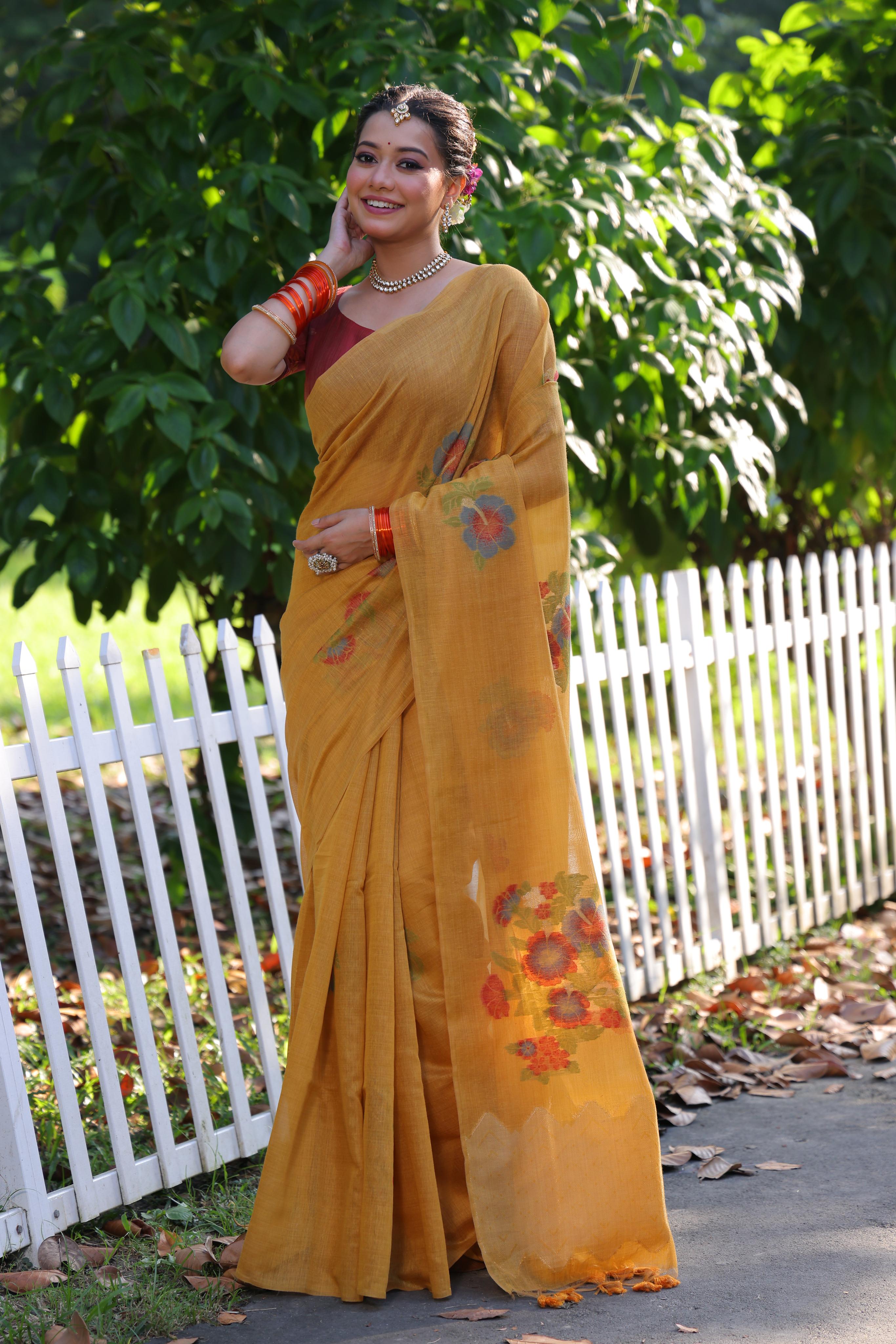 Buy MySilkLove Daylily Yellow Woven Muga Cotton Saree Online