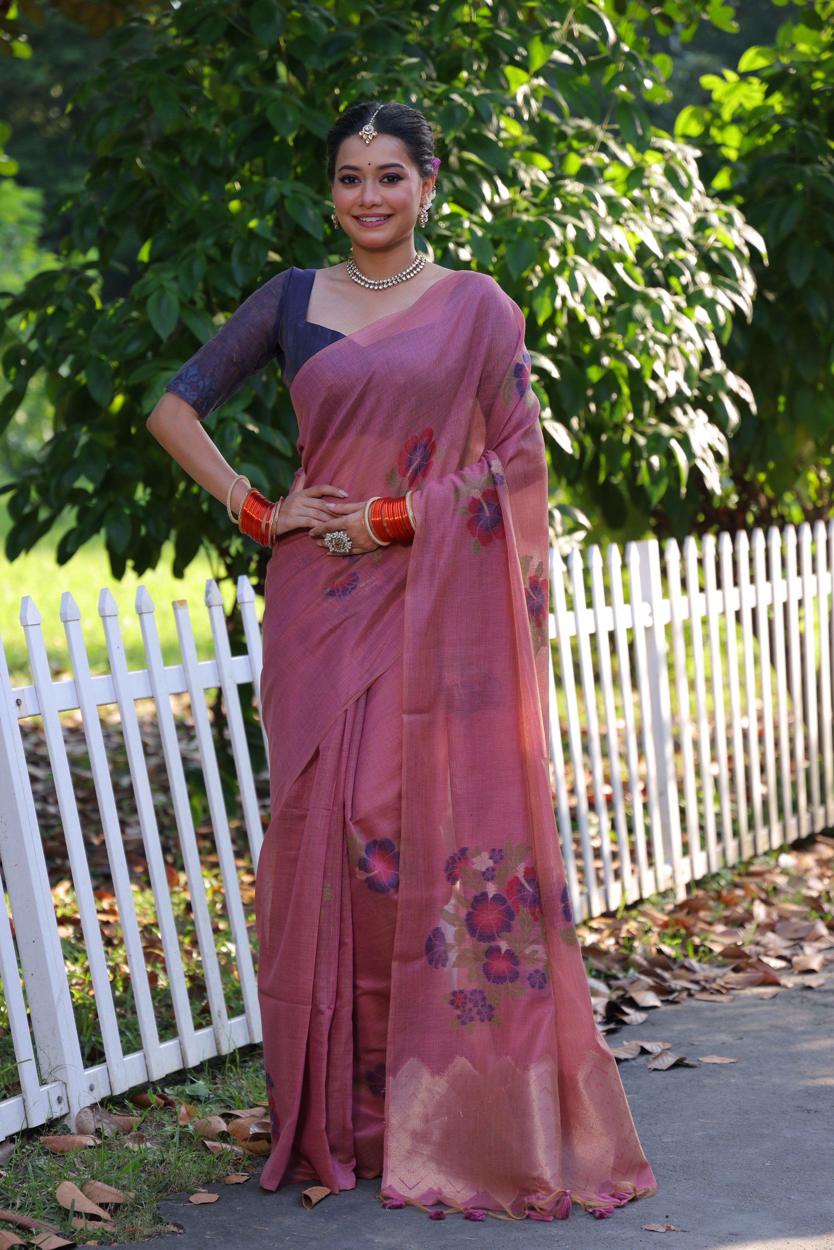 Buy MySilkLove Peony Pink Woven Muga Cotton Saree Online