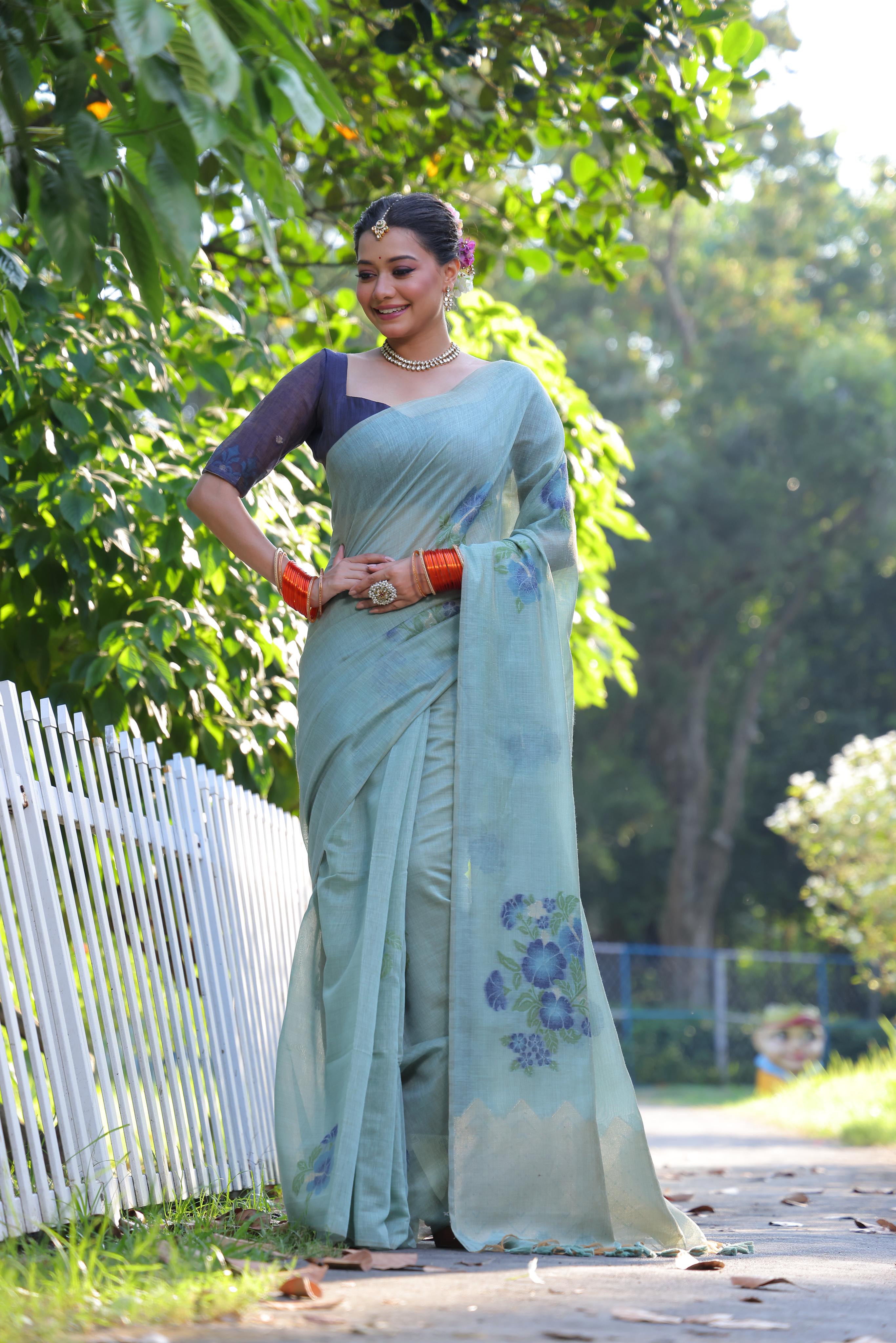 Buy MySilkLove Blue Daisy Woven Muga Cotton Saree Online