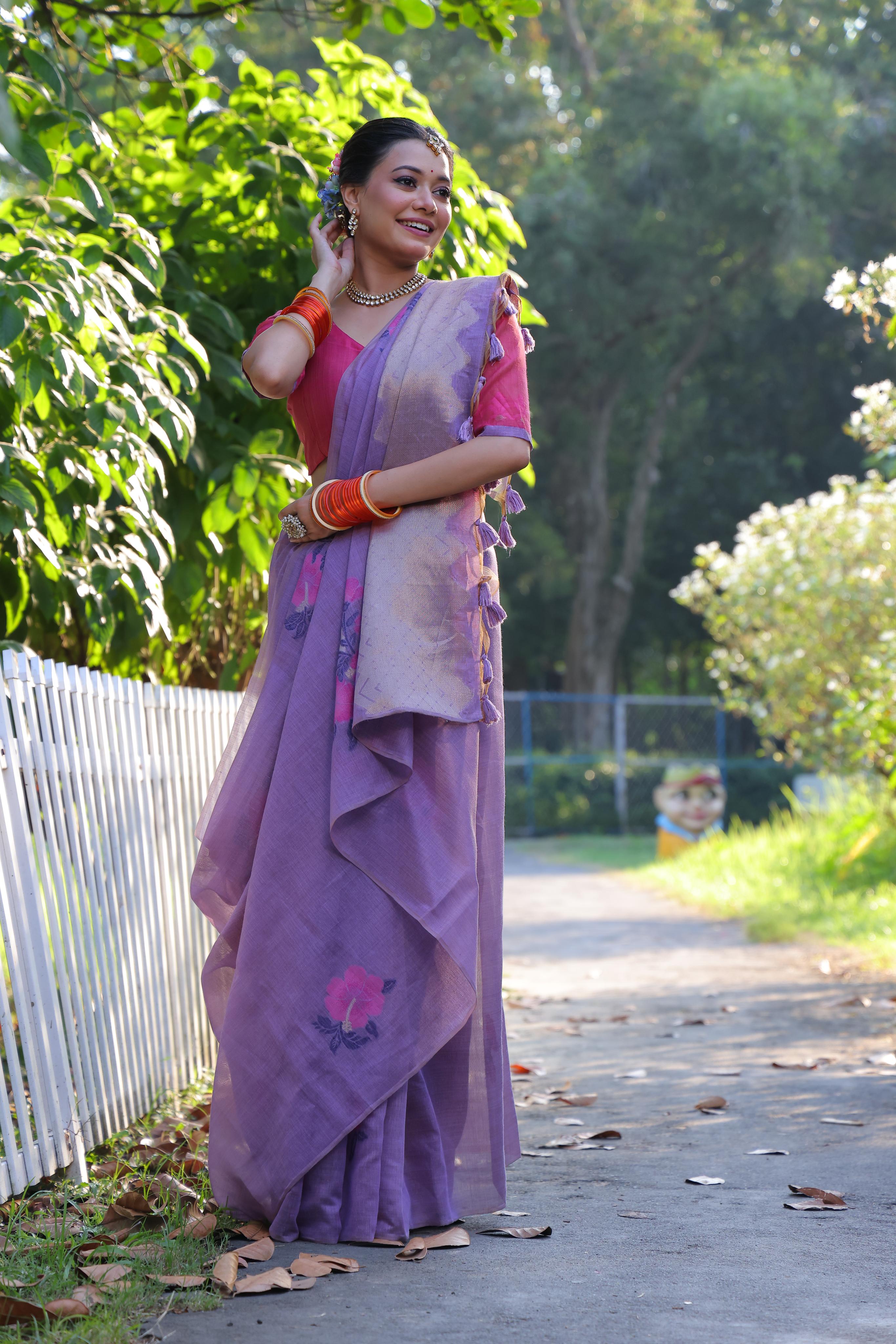Buy MySilkLove Clematis Purple Woven Muga Cotton Saree Online